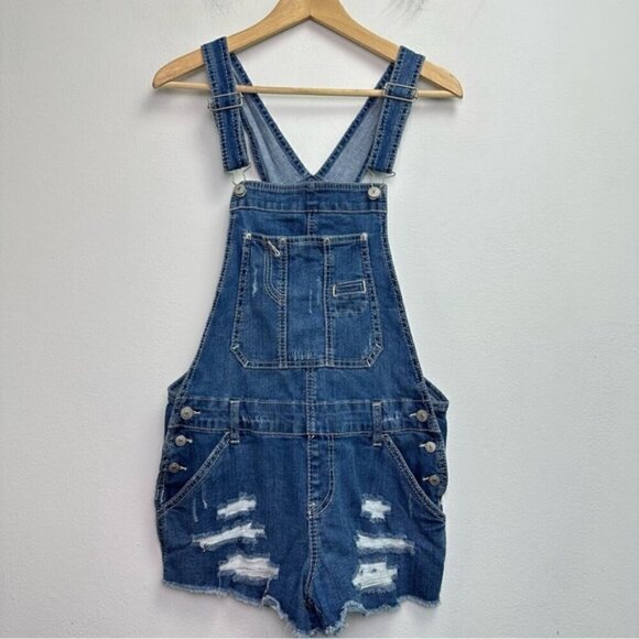 Unionbay Size Medium Distressed Overall Denim Shorts Medium Dark Wash - Picture 1 of 7